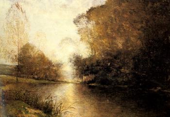 Alfred Wahlberg : A Moonlit River Landscape with a Figure